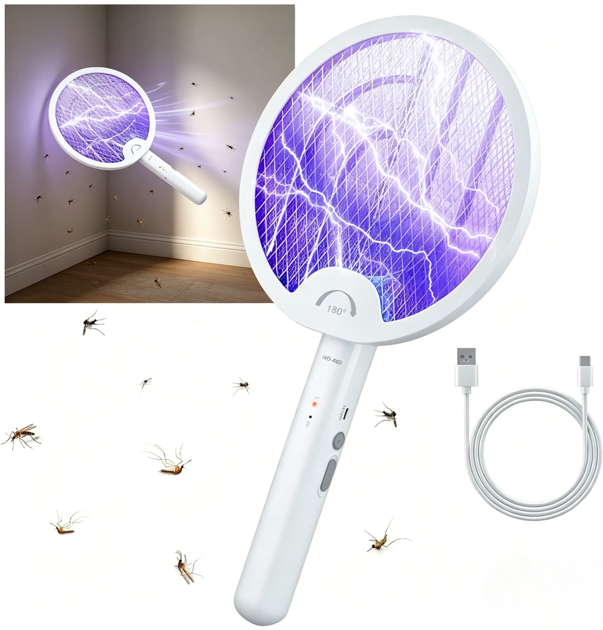 Electric Fly Swatter 4000V Bug Zapper Racket Dual Modes Mosquito Killer with Purple Mosquito Light Rechargeable for Indoor Home Office Backyard Patio Camping