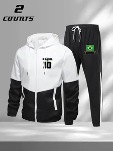 Men's 2 Piece Tracksuit Set, Brazil Football Team 'Number 10' Graphic Print Hooded Jacket & Drawstring Pants, Retro Sporty Streetwear Outfit for Soccer Fans & Urban Trendsetters, Comfortable Fit & Team-Inspired Design, Ideal for Daily Wear & Trend-Driven
