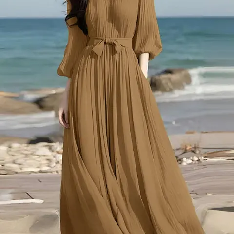 Women's Solid Color Notched Neck 3/4 Sleeve Lantern Loose Fit Dress, Casual Chic Elegant Tie Waist Belt A Line Dress for Beach Holiday Vacation, Ladies Clothes Casual Wear for Summer, Beach Style Dress, Womenswear