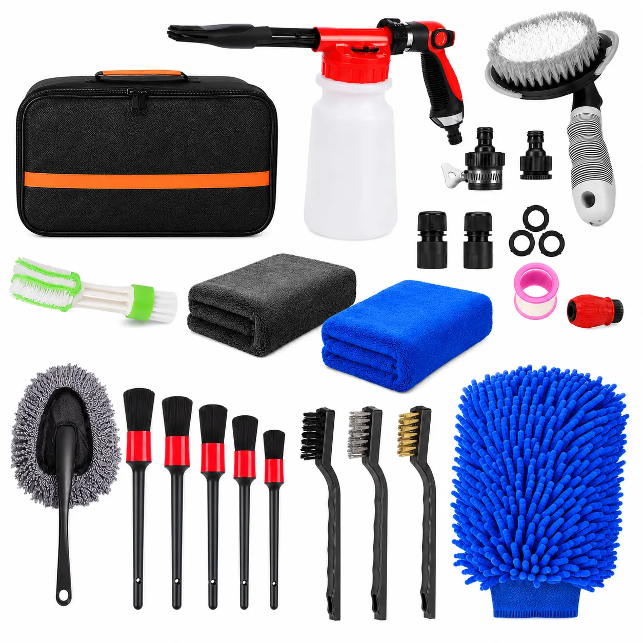 26-Piece Complete Car Wash Kit with Foam Spray Gun, Tire Brush, Detailing Brushes, Microfiber Towels, Wash Mitt and Storage Bag for Interior & Exterior Car Cleaning