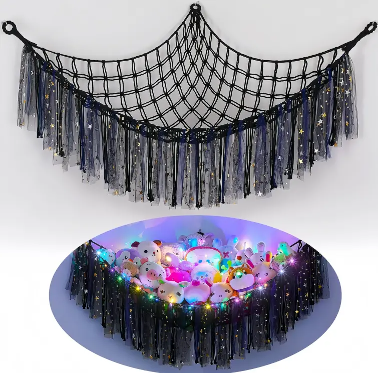 Hangable LED Stuffed Animal Net Hammock, Home Decor Storage Organizer for Bedroom Storage Organization, Room Decor for Girls Nursery Kids Bedroom