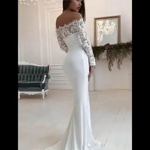 Elegant Off-the-Shoulder Lace Long Sleeve Mermaid Fishtail Wedding Dress Floor-Length Bridal Gown with Keyhole Neckline Wed White Chic Fabric Womenswear Polyester QM2187042