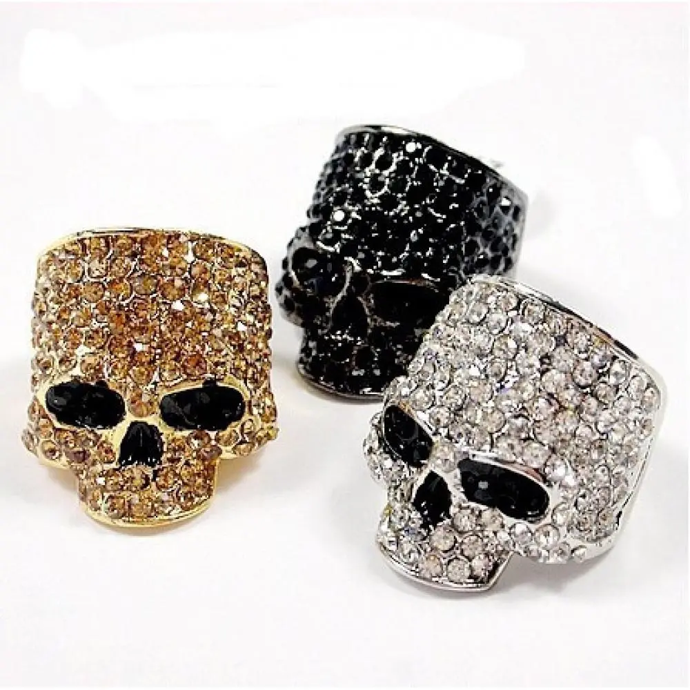 European and American Punk Style Rhinestone Skull Ring Ghost Head Full Diamond Metal Hip Hop Nightclub Exaggerated Champagne Gold Crystal Biker Ring