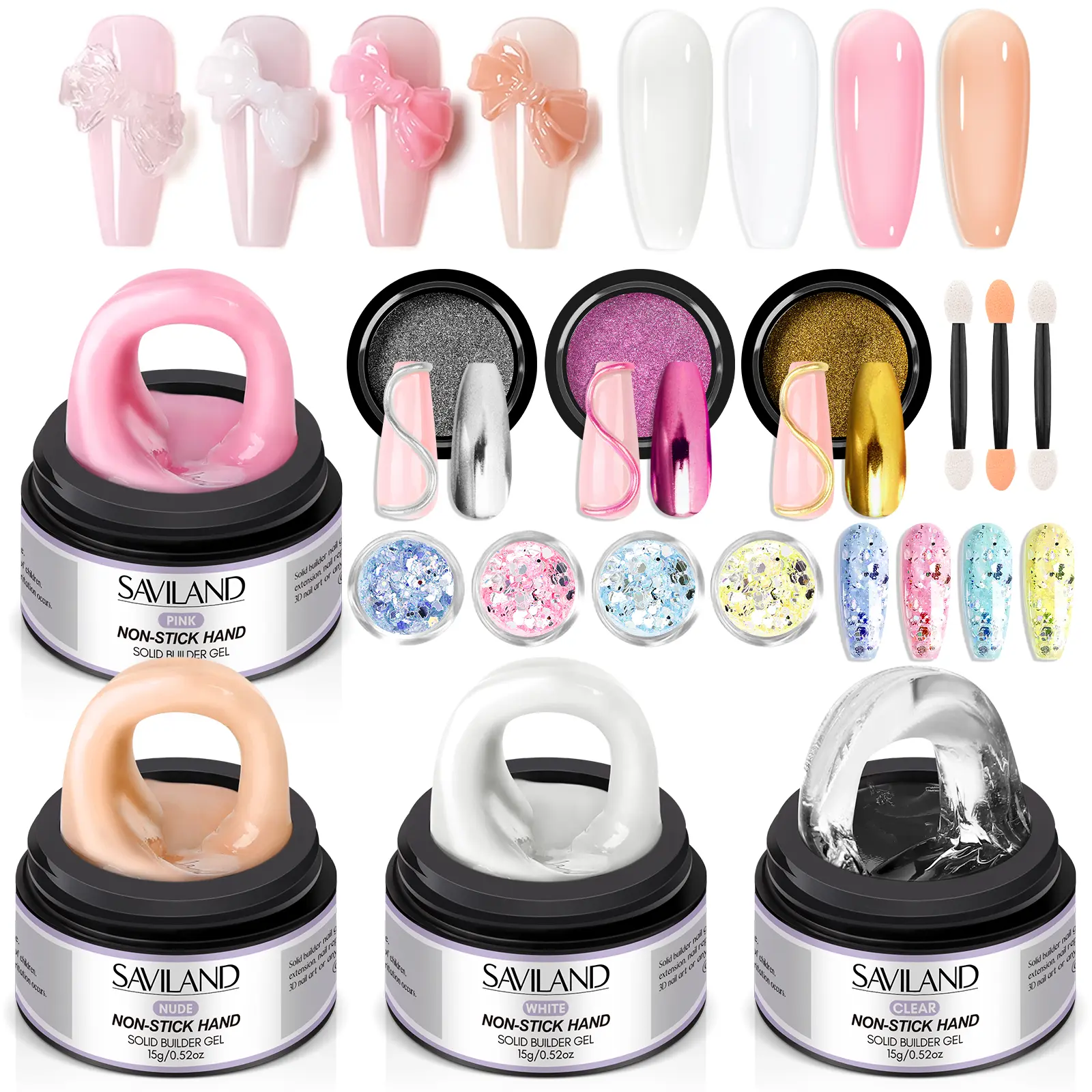 Saviland Non Sticky Solid Builder Nail Gel Kit: 4 Color Long-lasting Clear Nude White Pink Solid Hard Gel with Chrome Nail Powder for Nail Extension 3D Sculpting Gel Nail Starter Kit DIY at Home Salon