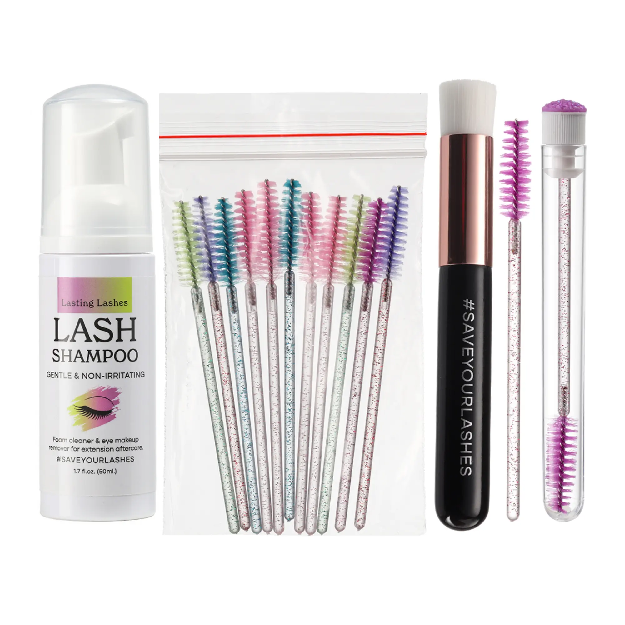 Eyelash Extension Shampoo + Brushes | 1.7 fl.oz | 50ml Lash Shampoo Lash Cleaning Kit | Eyelash Extension Cleanser | Safe and Gentle Make up Remover | Salon Use and Home Care