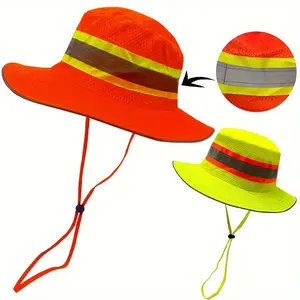 1pc Lightweight Fluorescent Mesh Bucket Hat with Windproof Rope, Reflective Strips, Sun Protection for Women Fisherman Hats Music Festival