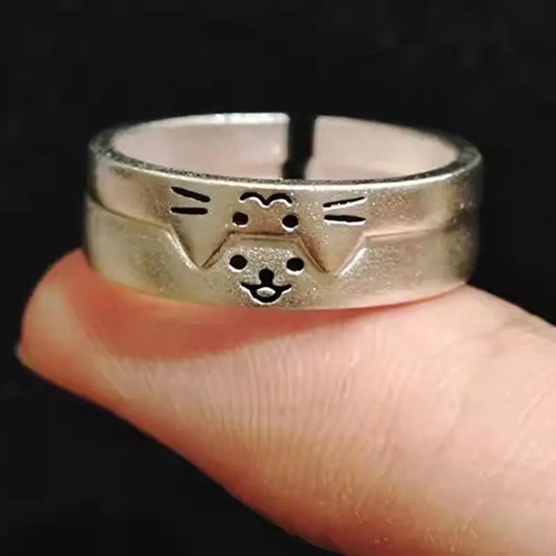 Unisex 2pcs Cute Cat-Dog Animal Couple Rings, 2025 New Fashion Adjustable Silver Jewelry, Valentine's Day Gift for Lovers