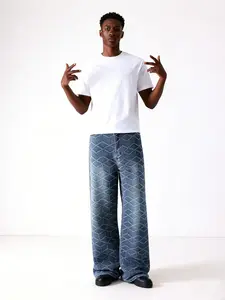 Men's High-End Fashion Mid-Waist Straight Leg Jeans, No Stretch Denim Jeans, Rhombic Hook Design, Casual Male Clothing