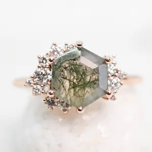 Orion Ring with a Hexagon Moss Agate and White Accent Diamonds - Made to Order