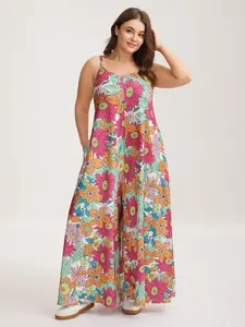 【Pocket Approved】BLOOMCHIC 2026 Valentine's Gift for Cruise Vivid Groove Stretchy Adjustable Jumpsuit Sleeveless Women's Floral Maxi Dress in Dark Blue with Medium Stretch and Side Seam Pocket Women'swear Fit Summer Overalls Bohemian Boho Fitted  romper