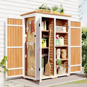 [SOIYELIFE] Outdoor 5.5ft Hx4.1ft L Wood Storage Shed, Garden Tool Cabinet with Waterproof Asphalt Roof, Four Lockable Doors, Multiple-tier Shelves, Natural
