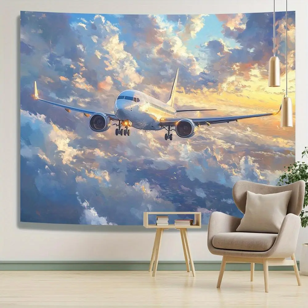 Boho Vintage Airplane Tapestry - Geometric Landscape Wall Hanging Mat, Sunset Sky & Clouds Photo Cloth, Horizontal Peach Light Beige Fabric Art for Bedroom, Living Room, Easy to Hang Unique Gift, Artwork Print Tapestries, Boho Print Tapestries