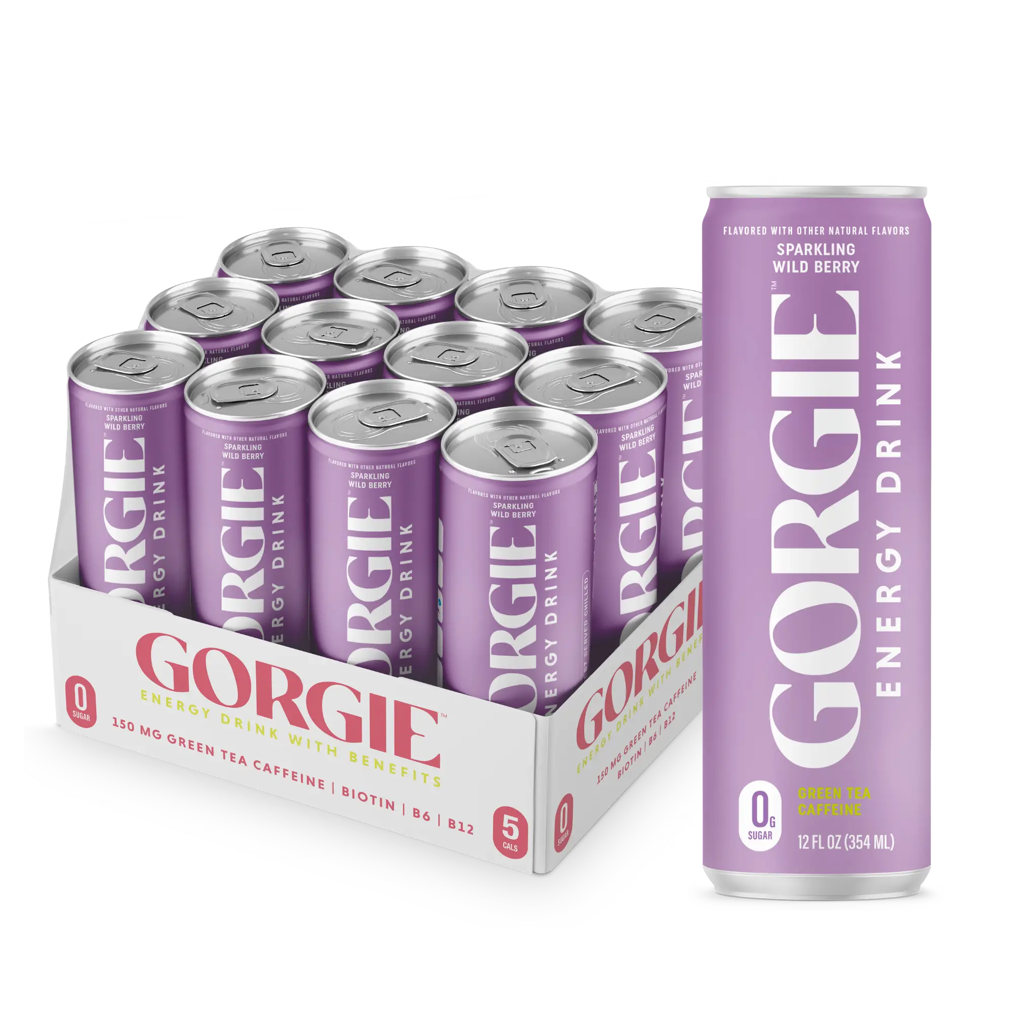 GORGIE Sugar Free Natural Energy Drinks, Sparkling Wild Berry (12 Pack) - Healthy Energy Drinks - Natural Coffee Replacement with Green Tea Caffeine a