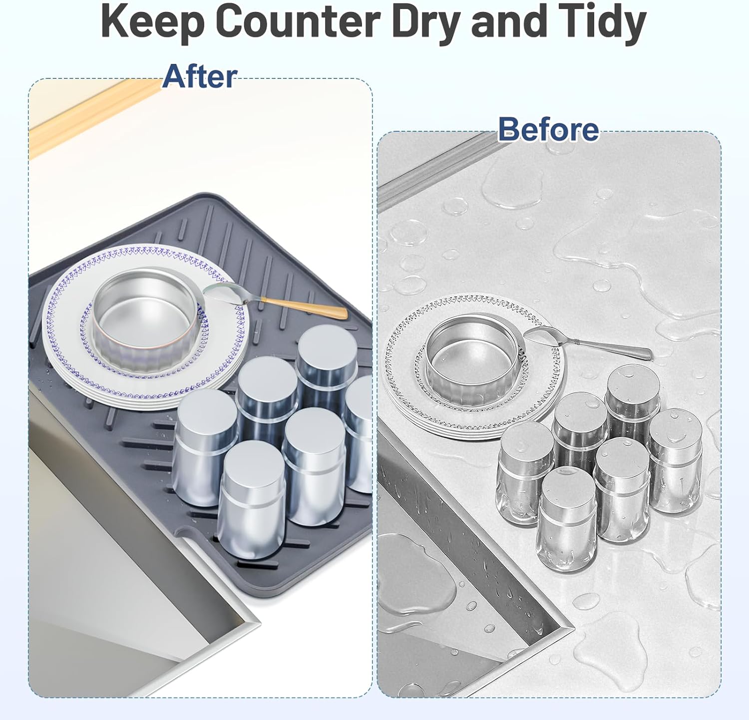 Silicone Kitchen Dish Drying Mat with Wide Drain Spout, Non-Slip with 4 Suction Cups, Heat-Resistant Pad Featuring Hanging Hole for Sink, RV, Camper, or Travel Use