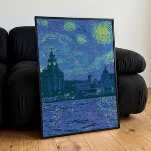 Van Gogh Starry Night Liverpool City Canvas Wall Art, Impressionist Swirl Star Sky River Cityscape Oil Painting Prints, Vintage Famous Art Decor For Living Room Bedroom Dorm Entryway Study Office, Housewarming Birthday Holiday Framed Gift Artwork