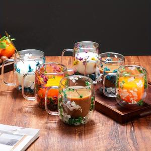 Double glass flower tea cup, 390ml glass coffee cup, insulated flower coffee cup, transparent cup with dried flowers. Drinkware Tumblers.excellent gifts for Christmas and new year，Must-buy on Black Friday