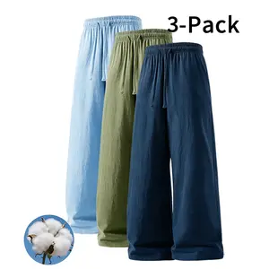 3-Pack Minimalist Cotton Linen Pants - Elastic Waist Drawstring Pants, Perfect for Layering (Optional 3-Pack and Single Pack)