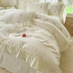 Queen Size 4-Piece Bed Comforter Set, 100% Polyester Seersucker Weave, Skin-Friendly Brushed Fabric with Floral Embroidery & Large Lace Trim, Moisture-Wicking Breathable Duvet Cover, 2 Pillowcases & Flat Sheet, Elegant French Style Bedding