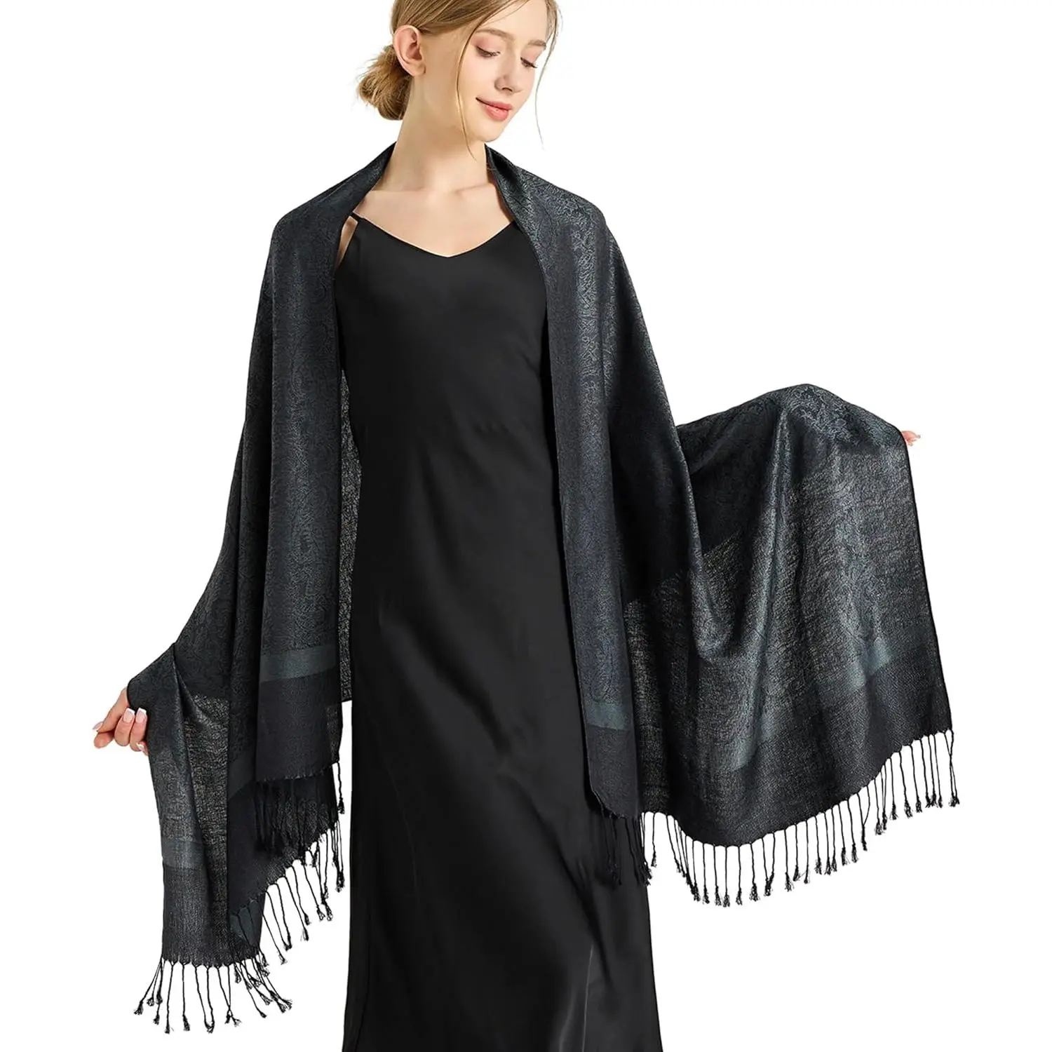 Paisley Print Scarf for Women, Double-Sided Jacquard Pashmina Fashion Neck Shawl, Large 1 Piece Shawl with Silky Texture for Evening Wear, 27.5 x 70.8 in, One Piece Shawl