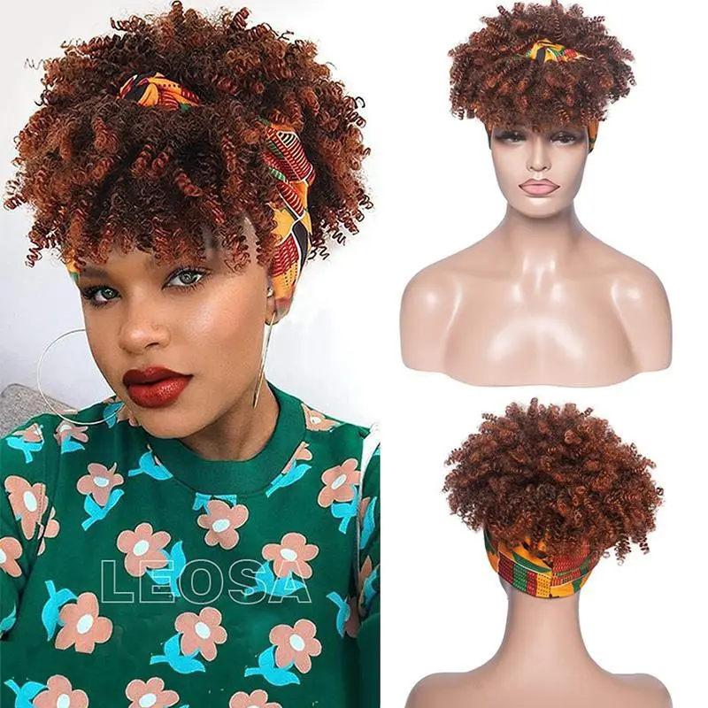 Short Kinky Curly Headband Wig Afro Head band Wigs Ombre Afro Puff Wig With Bangs Wrap Wrap 2 in 1 for Women Synthetic Half Wigs High Puff Hair