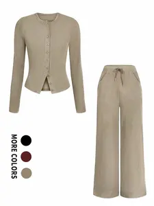 Loose Wide Leg Pants and Fitted Cardigan Set, Soft Knit Material, Comfortable for Home, Shopping, Walking, Casual Fashion