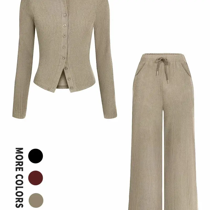 Loose Wide Leg Pants and Fitted Cardigan Set, Long Sleeve Soft Knit Material, Striped, Comfortable for Home, Shopping, Walking, Elegant Casual Fashion, Womenswear, Clothes