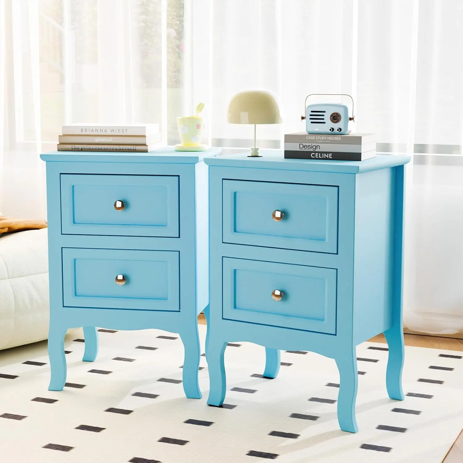Nightstand Set of 1/2, Nightstands with 2 Drawers, Blue Nightstand, Bed Side Table/Night Stand, Small Nightstand for Bedroom, Small Spaces, College Dorm, Kids’ Room,Living Room, Wood,16W*12D*24H