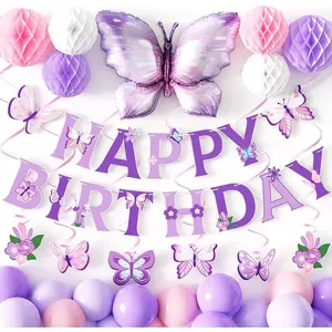 Birthday Party Decorations - Happy Birthday Banner, Spiral Pendant, Honeycomb Ball with Big Butterfly Foil Balloon