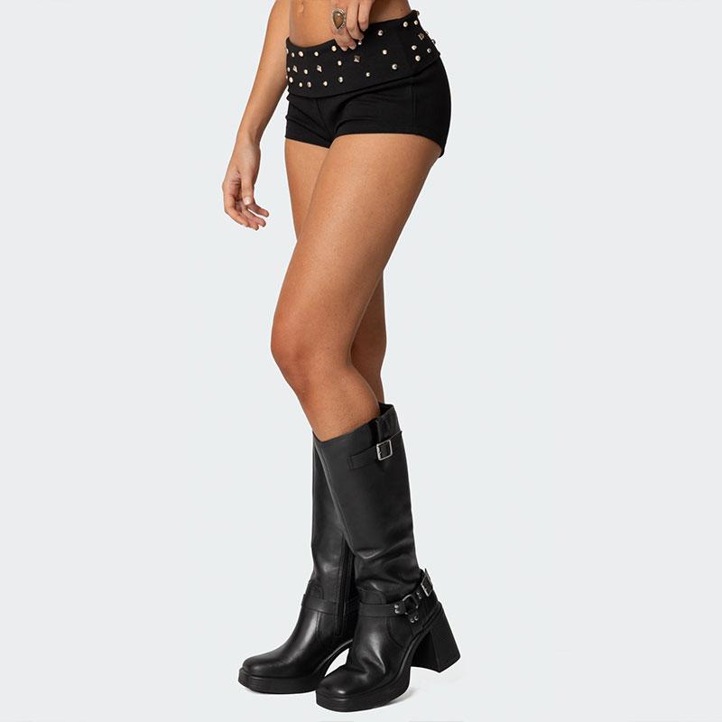 Women's Cotton Low-Rise Elastic Waist Studded Fold-Over Rivet Embroidered Mini Shorts - Y2K Punk Alt Clothes Bottoms for Casual Going Out Wear