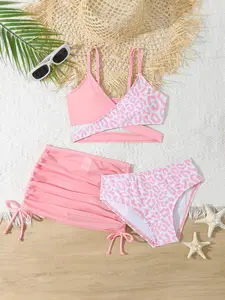 Cute Leopard Print Bikini Set, Beach Short Skirt Three-Piece Swimsuit, Summer Kids Swimwear, Perfect for Pool Parties and Vacations, Swimwear Outfits, Swimwear Sets