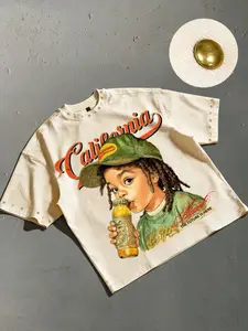 Vintage California Portrait Print Short Sleeve T-Shirt for Men, High Street Streetwear Rivet Design Trendy Top, Casual Fitted Long Sleeve Shirt