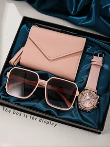 Women's Watch Set with Rhinestone Strap, Soft / Envelope Bag, Fashion Sunglasses, Perfect Gift for Women, Accessories Set