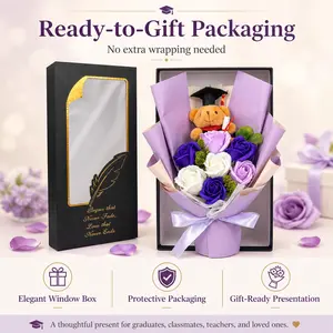 Purple Graduation Bear Flower Gift Set, Soap Rose Bouquet with Cap Teddy, Elegant Window Box Packaging for Her, Friends, Classmates, Teachers, Birthday, Graduation Gifts and Ceremony Keepsake