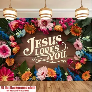 Summervibes 1PC Polyester Reusable 2D Flat Christian Theme "Jesus Loves You" Floral Backdrop Banner, Cross-border Exclusive Party Photography Curtain, Hanging Cloth for Church Events, Weddings, Birthdays, Birthday