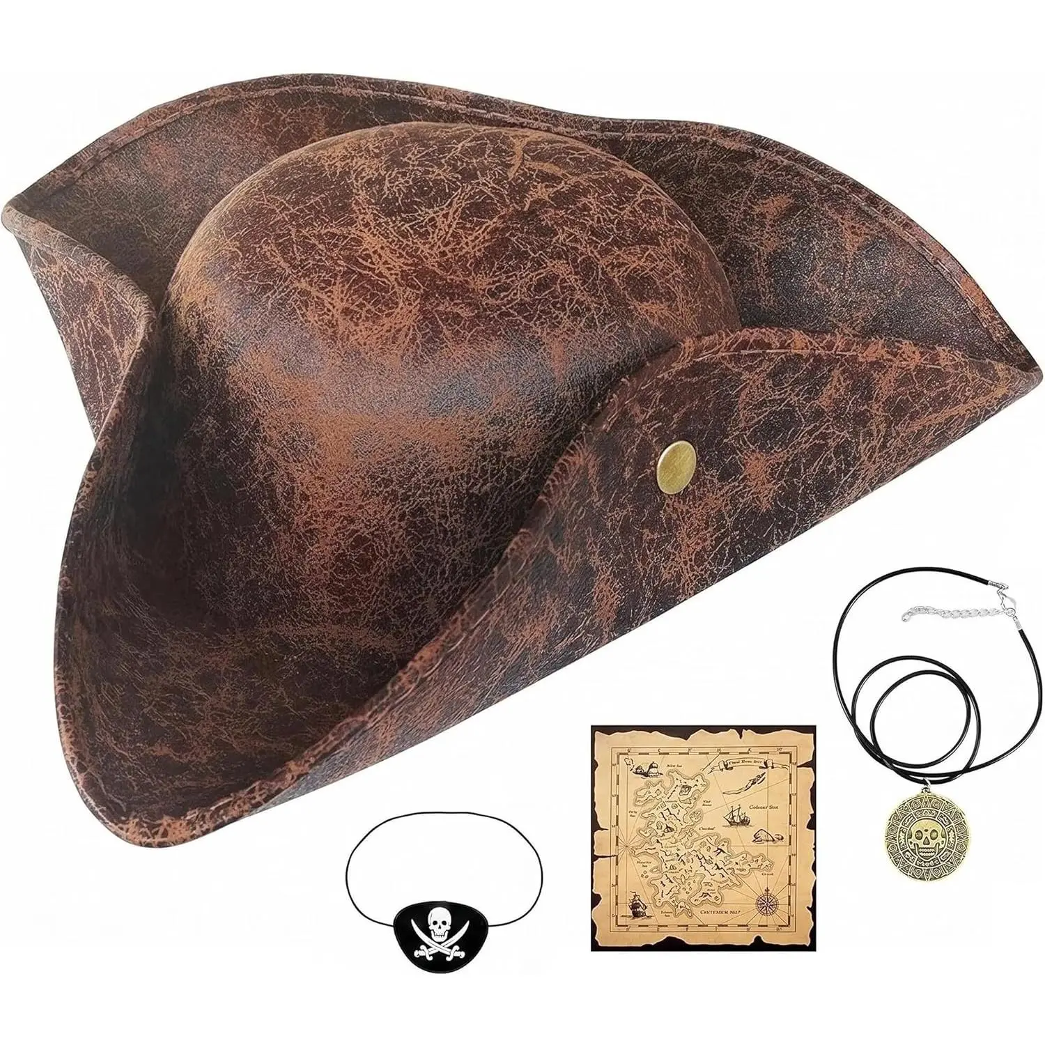 4 count Pirate Hat Costome Decoration Set With Eye Patch,Necklaces,Treasure Map,Tricorn Hat Novelty Leather Pirate Hat for Men,Women,Halloween,Costume,Accessories,,Gifts