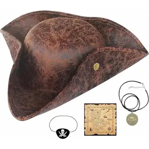 4 count Pirate Hat Costome Decoration Set With Eye Patch,Necklaces,Treasure Map,Tricorn Hat Novelty Leather Pirate Hat for Men,Women,Halloween,Costume,Accessories,,Gifts