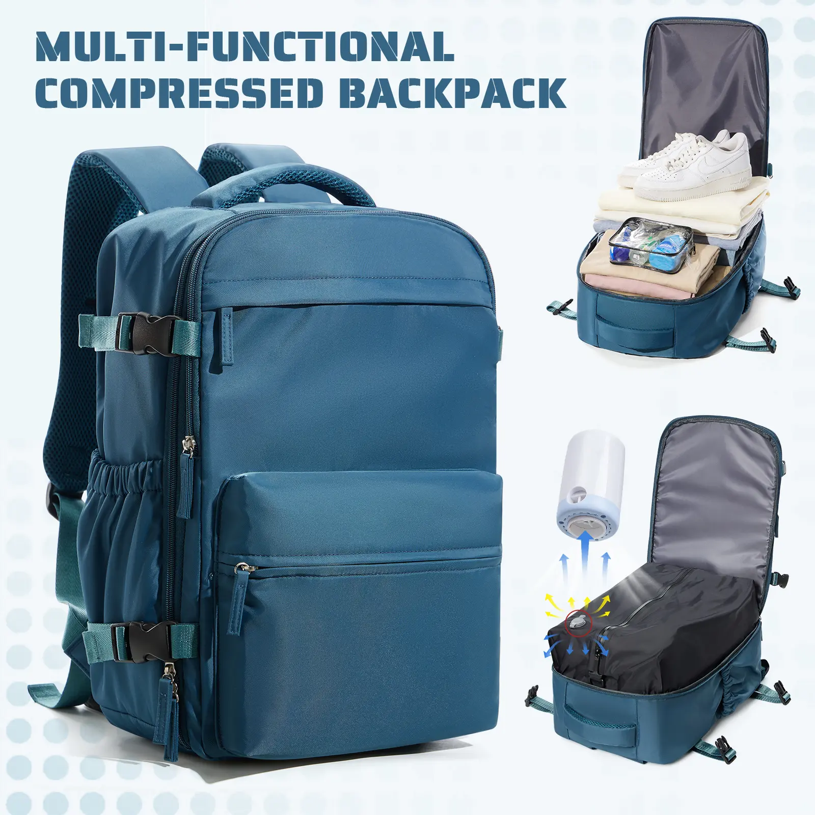 HYC00 Vacuum Travel Backpack with Integrated Pump - Adjustable, Casual Lightweight, Zipper-Equipped, Vacuum Seal Compression, Built-In Organizer, Airline Approved Carry-On, Durable Outdoor Hiking Rucksack, Large Capacity for Trips, Men's Travel Essential