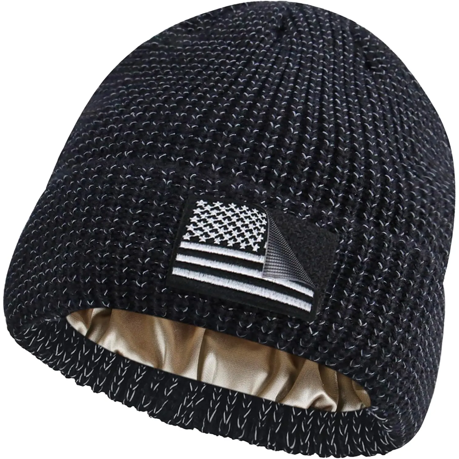 American Flag Knit Patch Beanie Satin Lined Reflective USA Beanie Army Military Tactical Style Warm Unisex Hat for All Seasons