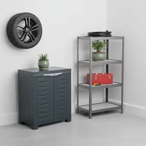 360 stand 26 in. Dark Gray Heavy-Duty Plastic Modern Utility Cabinet with 2 Shutter Doors, Adjustable Design, Adjustable Shelves Cabinets, Compact Size Cabinets