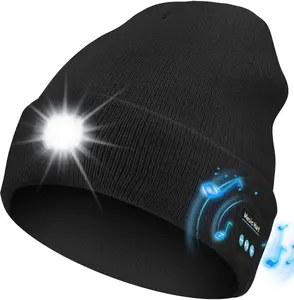 Bluetooth Beanie with LED Headlight and Removable Speaker, USB Rechargeable warm Hat LED Hat for Music and Calling, sport,outdoor,Unisex Birthday Gift