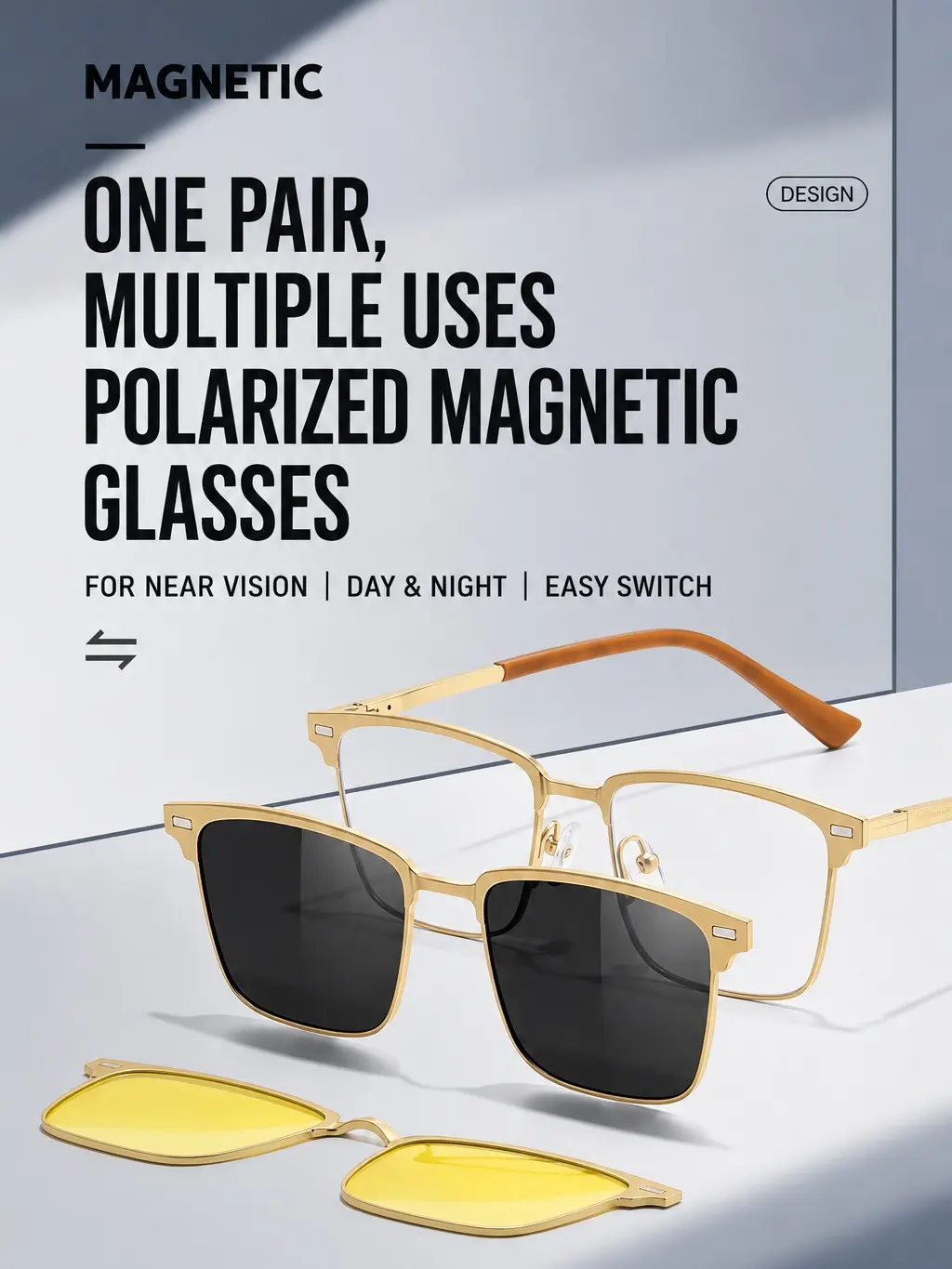 Anti-UV Polarized Rectangular Men's Sunglasses - Full Rim Alloy Frame, Magnetic Fit-Over, Easy Switch Clip-On, Universal Fit, Glass Lenses, Reduces Headlight Glare, Day-Night Use for Driving, Near Vision Friendly, Rectangular Sunglasses