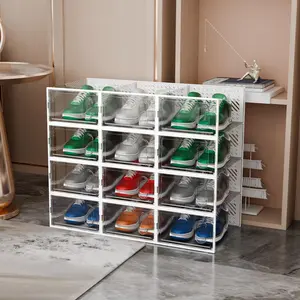 12pcs Transparent Shoe Box With Magnetic suction door, Stackable Clear Plastic Boxes For Closet, Sneakers, Space-Saving Storage Organizer for Multipurpose Use in Entryway, Bedroom, Home