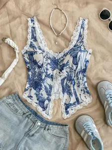 Floral Print Lace Trim Tank Top Sleeveless Split Hem Summer Crop Top