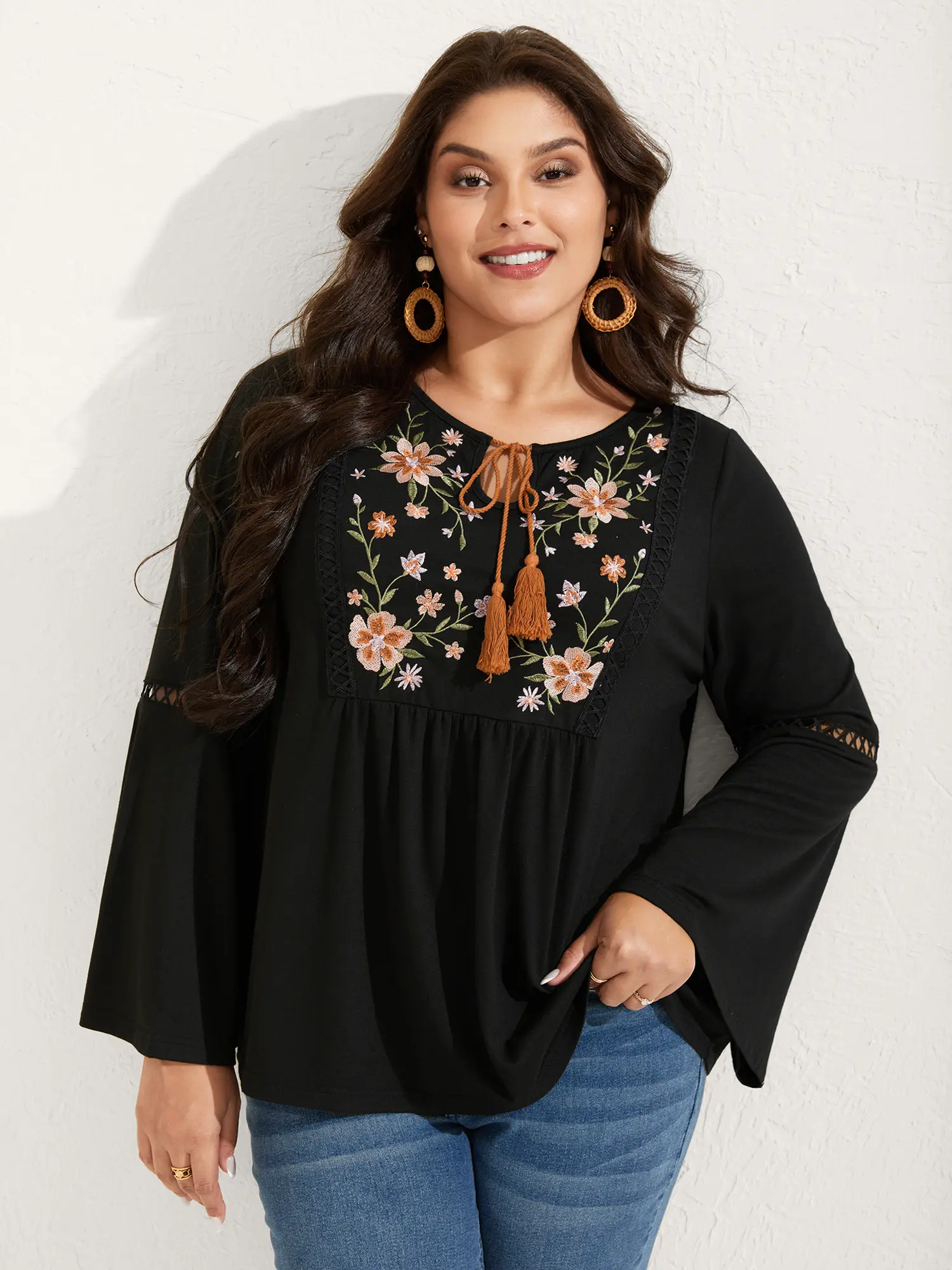 BloomChic Women's Plus Size Floral Neck Embroidered Lace Trim Knit Blouse - Fitted Bell Sleeves, Long Sleeves, Tie Knot & Tassels, Winter Casual Shirts, Office Outfit, [M-6X] Black Woven Women's Tops