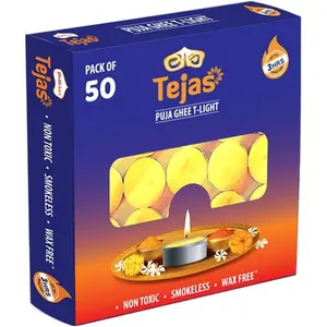 Tejas  Ghee T-Light Candle Set of 50 Wax-Free  Tealights for Prayer Rooms, Meditation, , Festive Events, Weddings & Gifting with Bright Long-Lasting 3-Hour Pure Flame