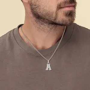 Yekilus Silver Men's Palite Letter Necklace Cuban Chain 50.5cm A Initial Pendant Jewelry Accessory for Men Stylish Personalized Gift
