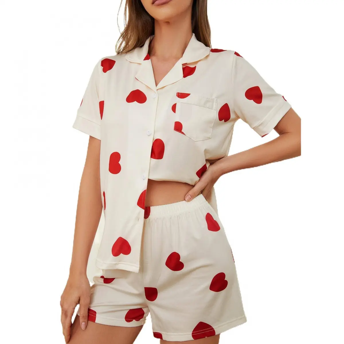Women's Plus Size 2-Piece Babydoll Pajama Set - Elegant Playful Elegance Micro-Heart Patterns Viscose Cotton Chiffon-Cotton Blend Soft Loungewear, Oeko-Tex Safe Top & Shorts with Lace