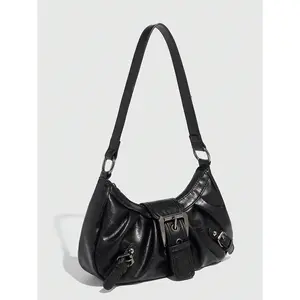 1pc Vintage Distressed Leather Motorcycle Bag, Decorated With Rivets And Buckles, Soft Touch, Folding Details