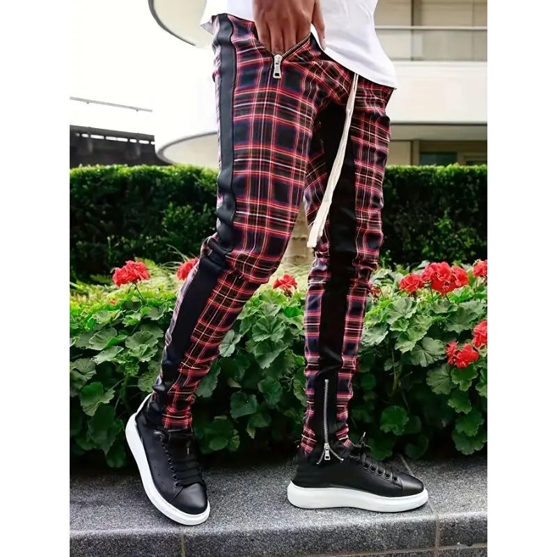 Men's Plaid Joggers - High-Quality Polyester, Comfortable Knit Fabric, 3D Print Red and Black Checkered Pattern, Casual Streetwear Style