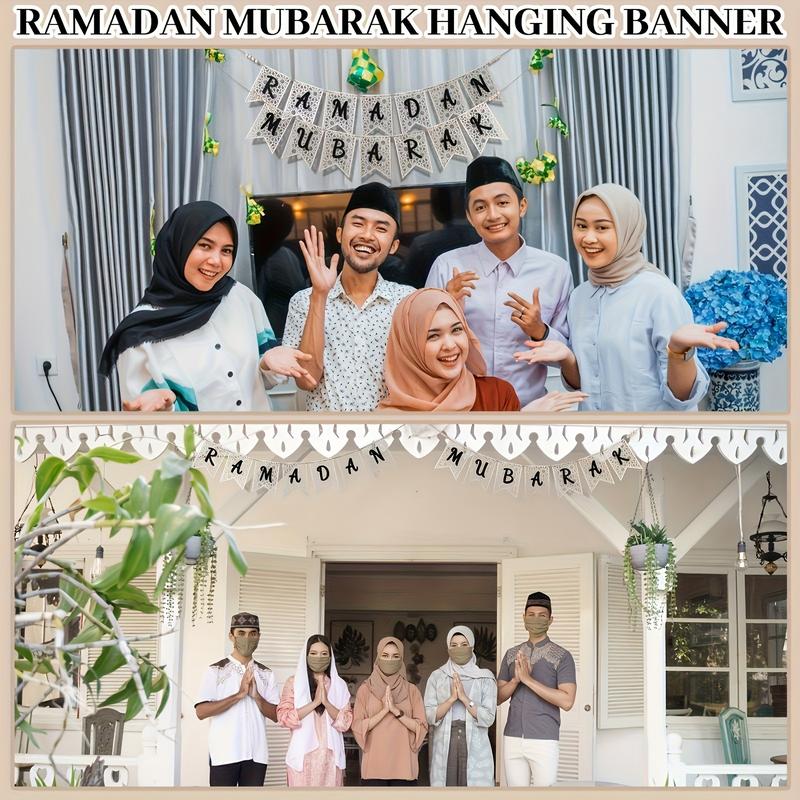 Eid Mubarak Wooden Banner Set, Festive Decoration with Bead Embellishments, Indoor & Outdoor Muslim Party Decor, Home Fireplace Display, Outdoor Banners